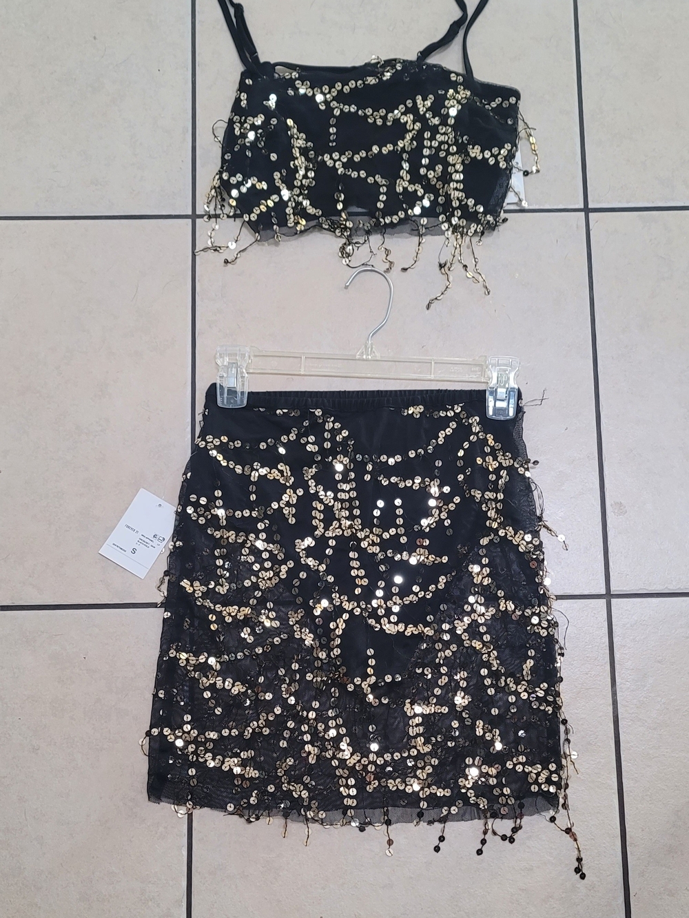 Forever 21 Y2k Black Sequin Fringe Mini Skirt & Top- Set
